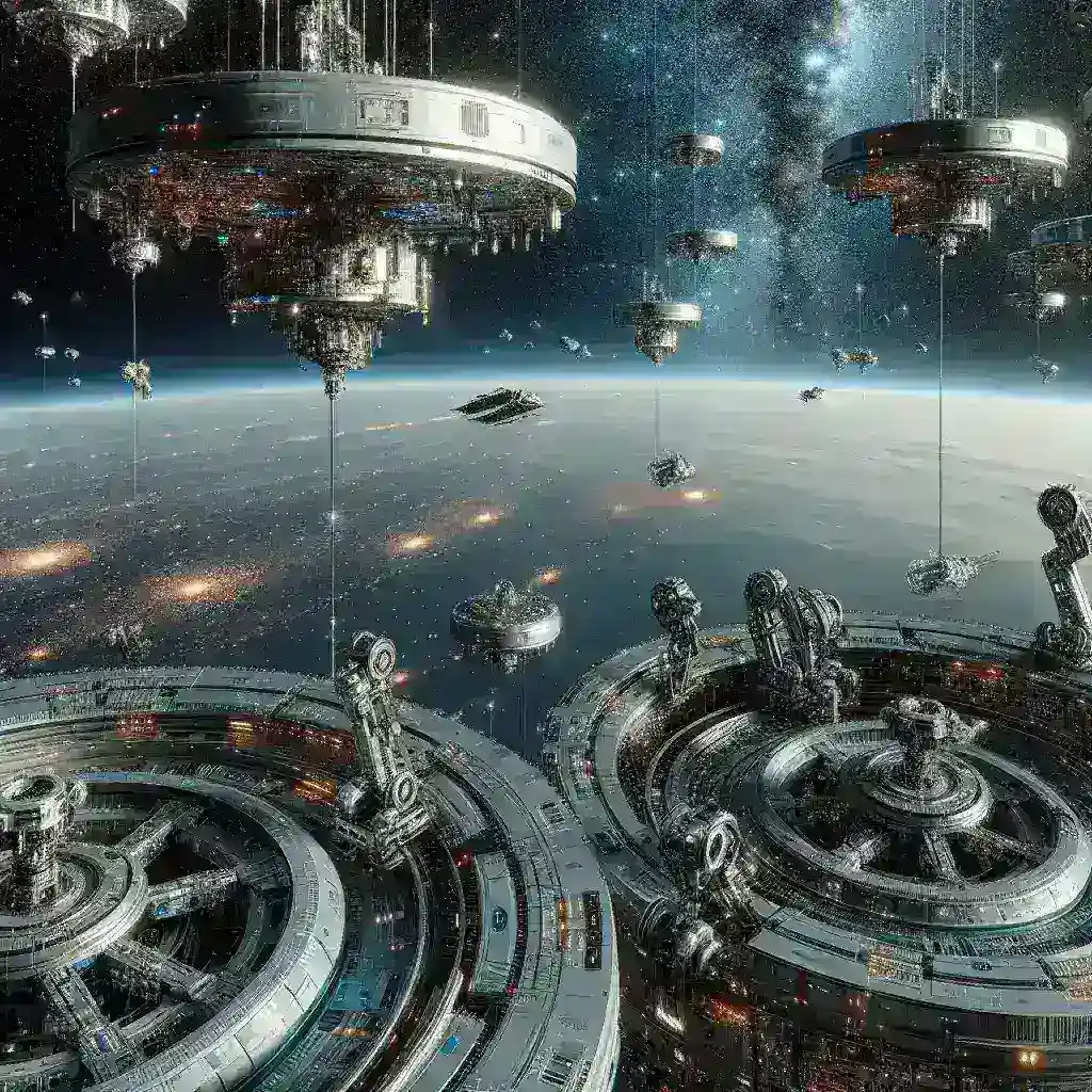 "Robotic AI system assembling an orbital fuel depot for spacecraft refueling, showcasing advanced technology and automation in space exploration."