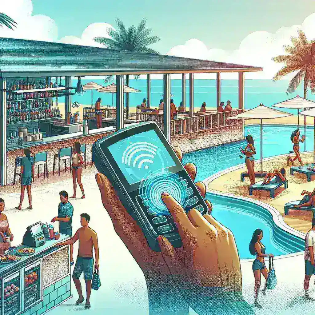 "Universal Orlando Resort employees assisting guests with biometric payment technology, showcasing seamless integration of facial recognition for a streamlined payment experience across the park."