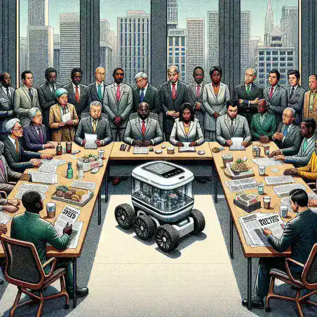 "Sidewalk delivery robot navigating a city sidewalk, illustrating the recent vote by city councils on permits with speed and yield regulations for autonomous delivery devices."