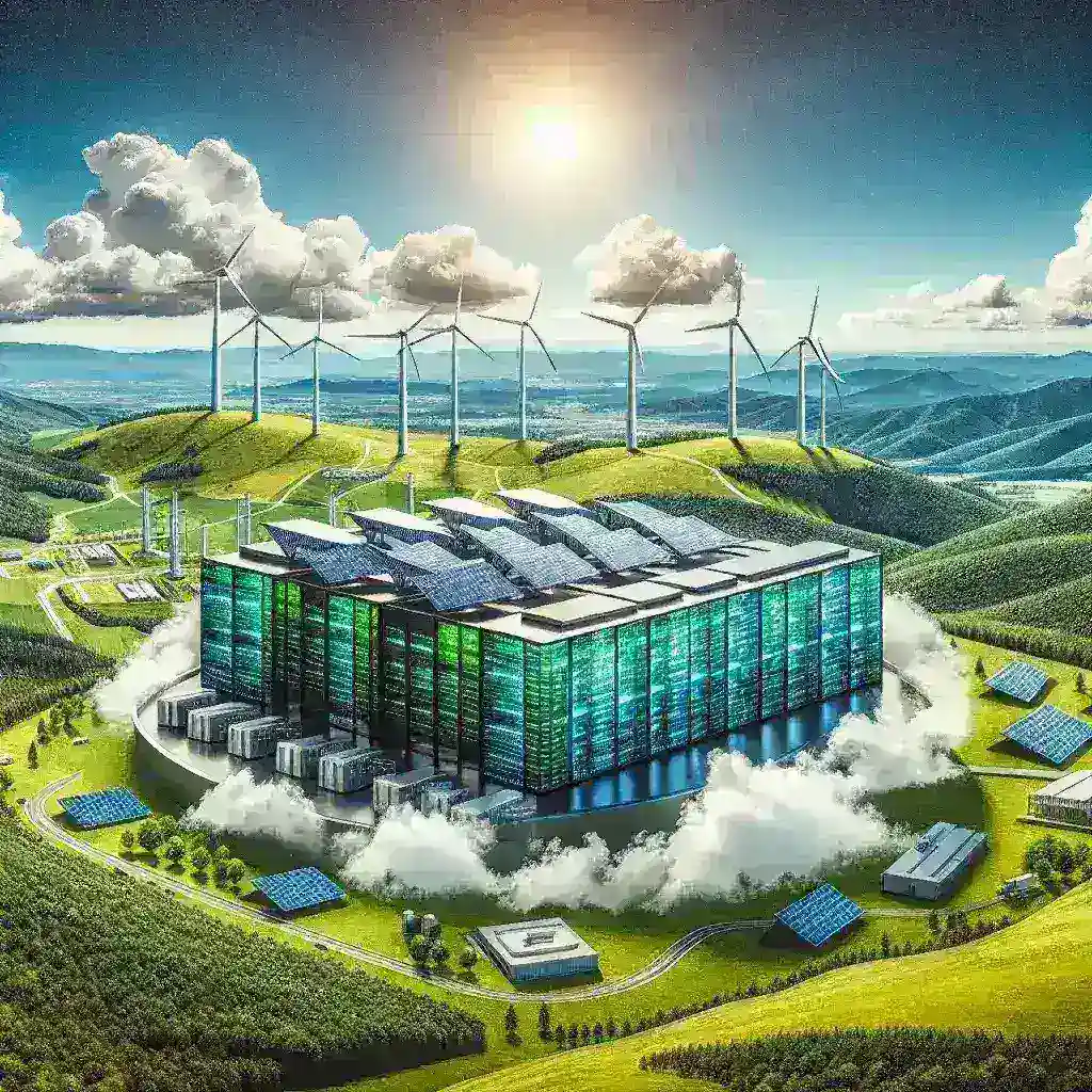 "Amazon Web Services data center in Virginia powered by clean energy, showcasing renewable energy sources and sustainable technology for eco-friendly cloud computing."